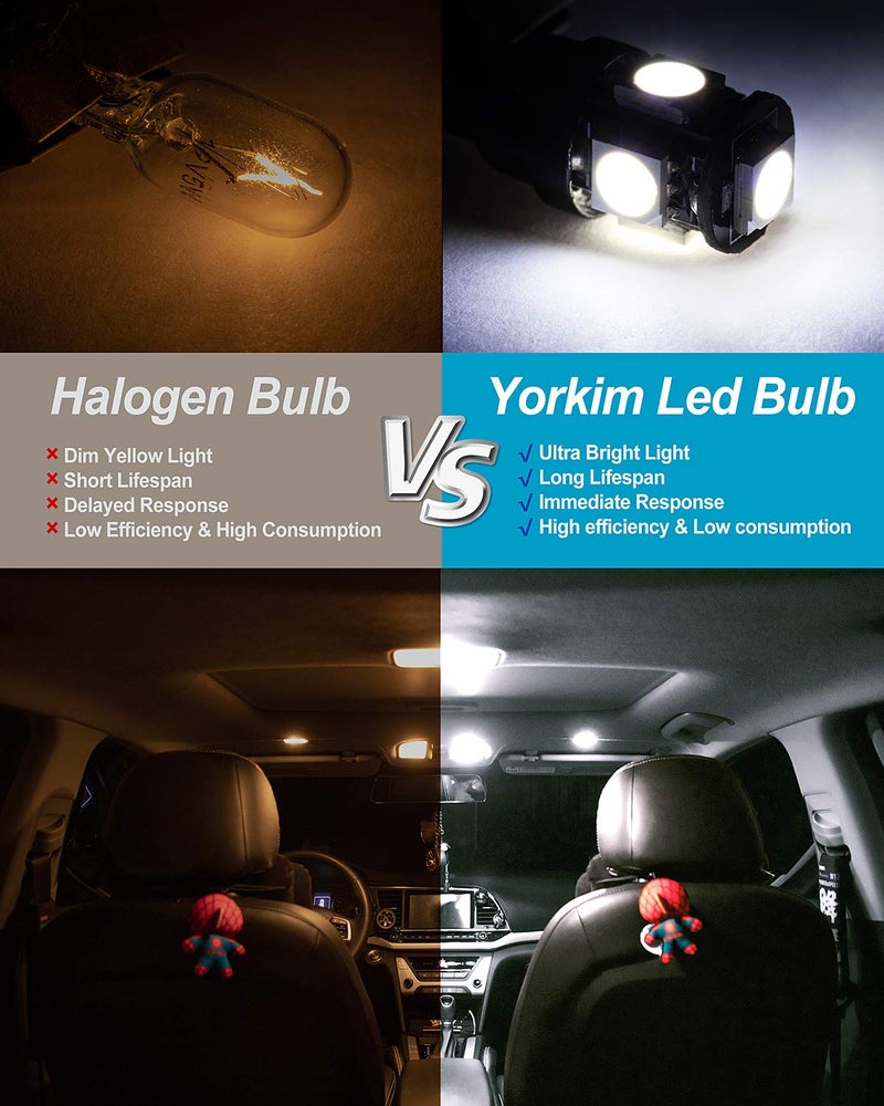 Yorkim مصابيح LED يوركيم 194 بيضاء 6000 ك سوبر برايت الجيل الخامس، مصباح LED T10 168 لداخل السيارة، ضوء القبة، خريطة، باب، ضوء الترخيص W5W 2825، عبوة من 10 - Image 3